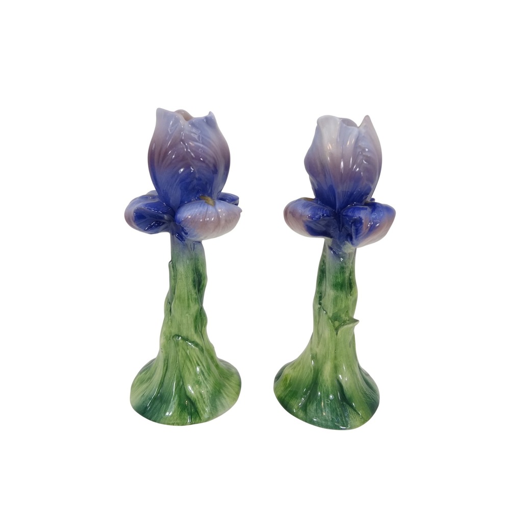 Vintage Ancora Iris Flower Candle Holders Handpainted Italy Blue Purple Green